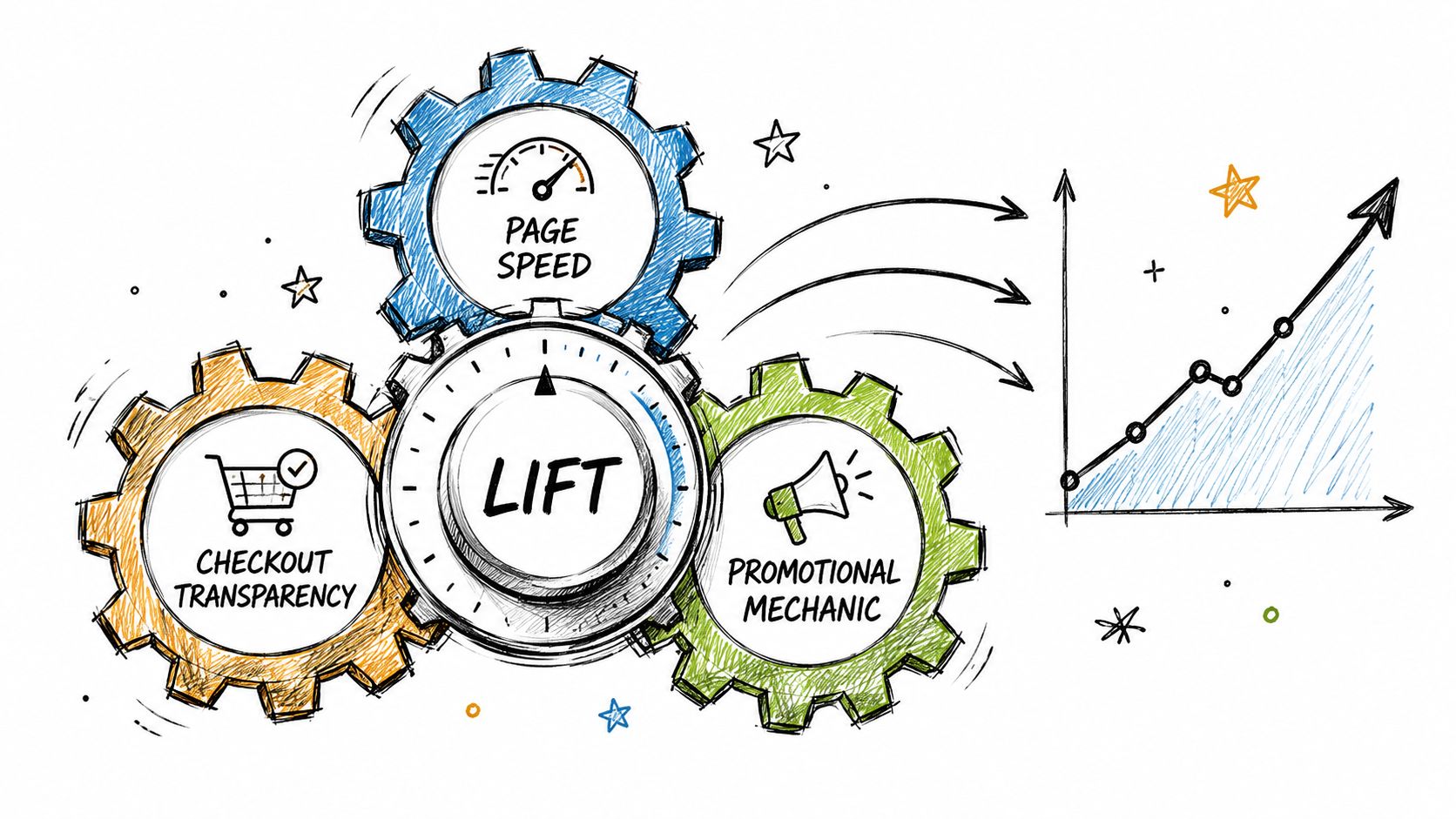 A hand-drawn illustration showing gears labeled Page Speed, Checkout Transparency, and Promotional Mechanic contributing to conversion lift.