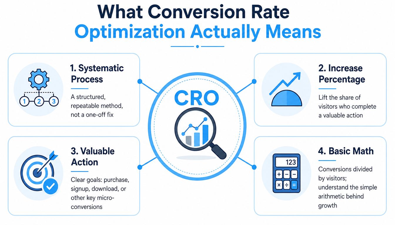 An infographic titled What Conversion Rate Optimization Actually Means, detailing four key steps of the CRO process.