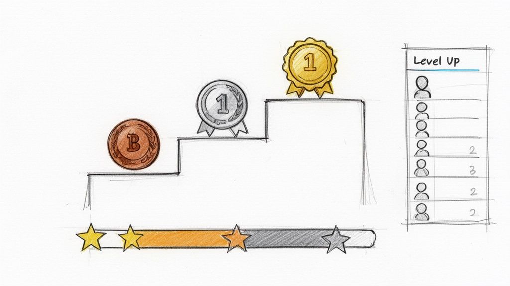 A hand-drawn sketch showing a gamified level-up system with a podium, medals, stars, and a leaderboard.