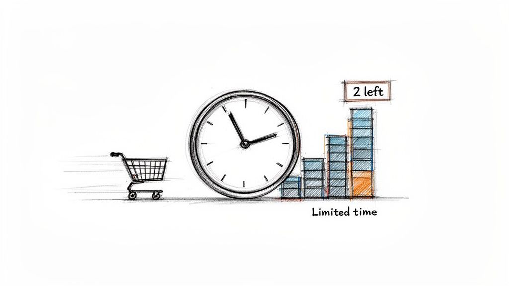 A sketch illustrating a limited-time offer with a fast shopping cart, a clock, and a bar chart showing '2 left'.