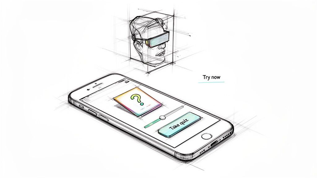 A sketch illustrating a mobile phone quiz app and a head wearing VR/AR glasses, promoting interactive learning.