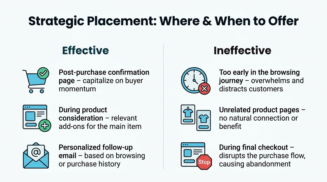 A comparison chart showing effective versus ineffective times and locations for displaying cross-sell offers to online shoppers.