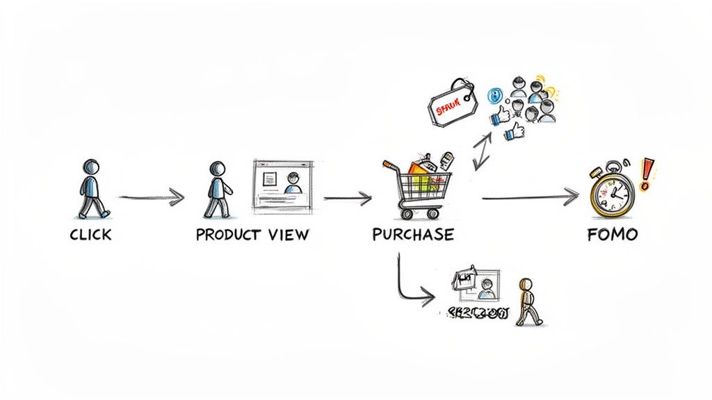 A diagram illustrates the customer journey from clicking to product view, purchase, and the impact of FOMO.