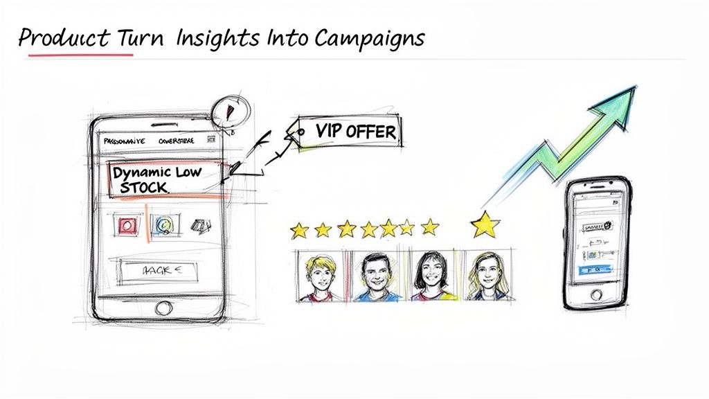 Diagram illustrating how product insights on low stock lead to VIP offers, boosting customer satisfaction and sales.