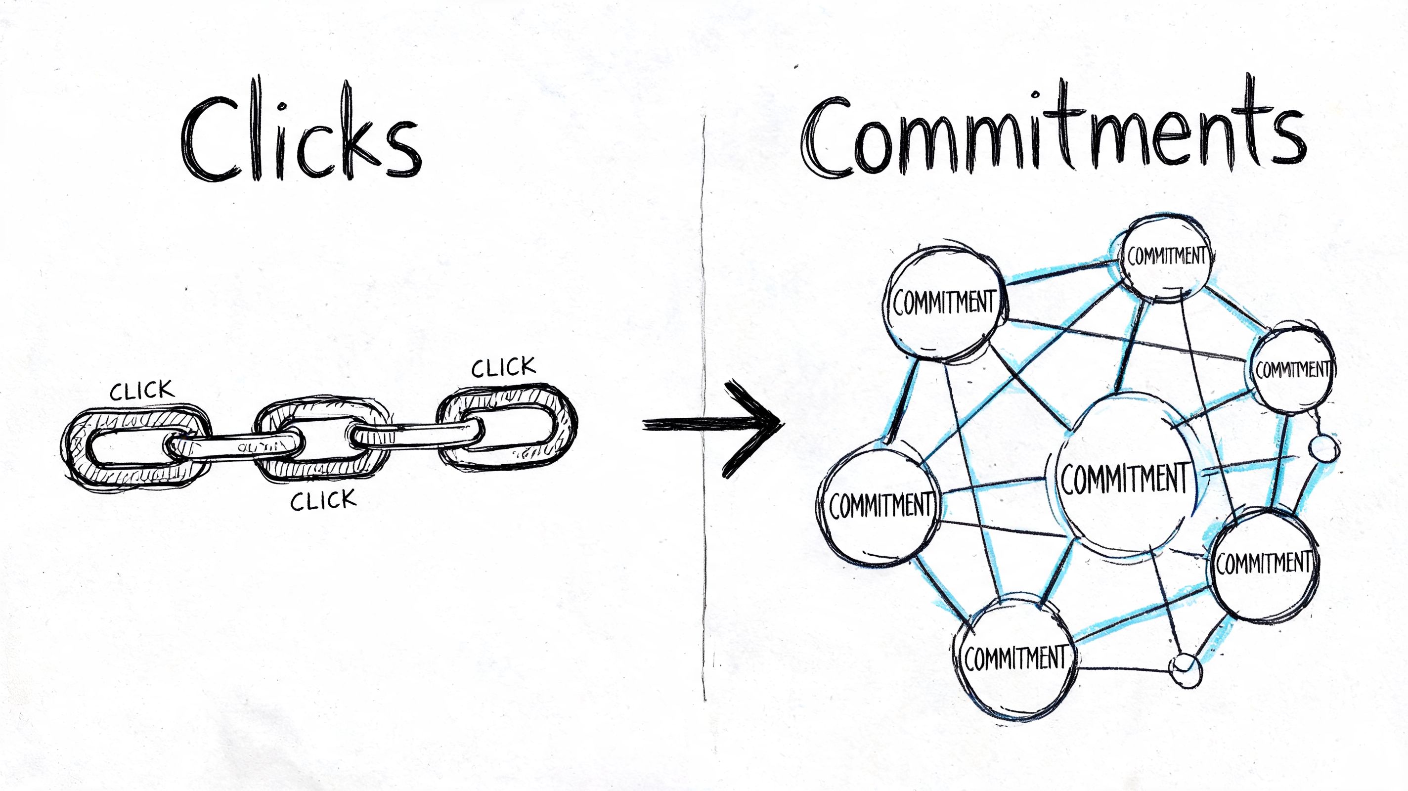 A hand-drawn illustration showing a linear chain of clicks transitioning into a complex, interconnected network of commitments.