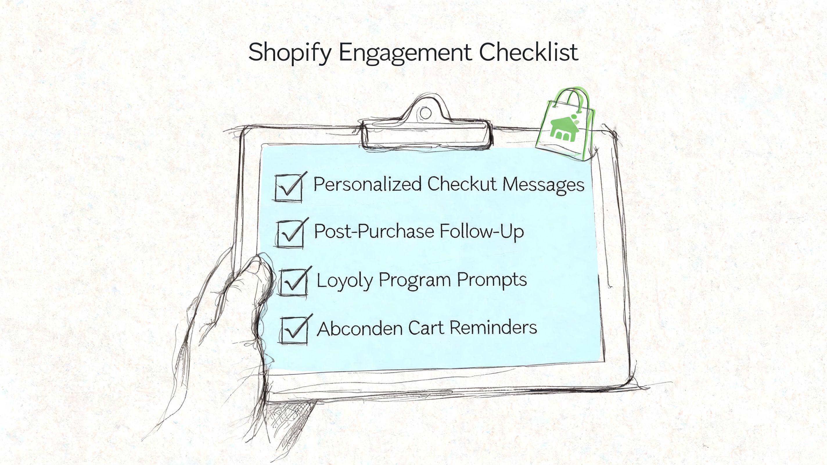 A hand holding a clipboard featuring a checklist for Shopify customer engagement strategies and marketing reminders.