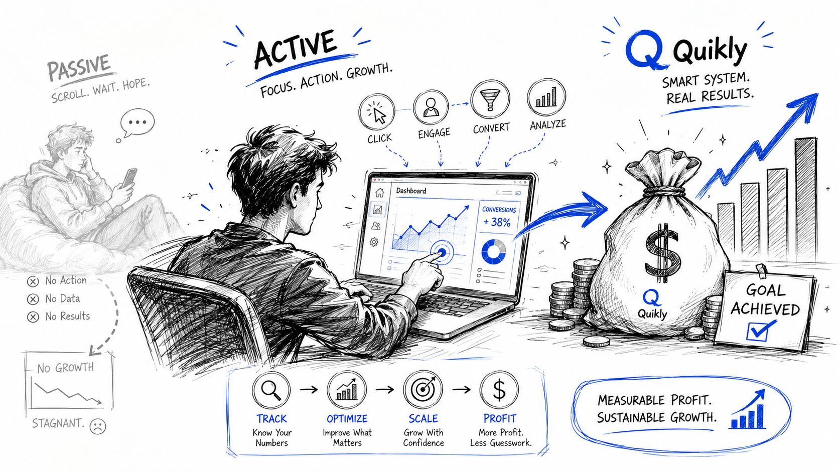 A digital illustration comparing passive scrolling with an active growth strategy using Quikly business analytics software.