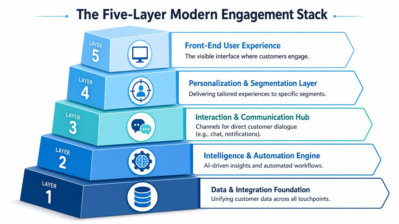 A diagram illustrating the five layers of a modern customer engagement stack, from data foundation to front-end.