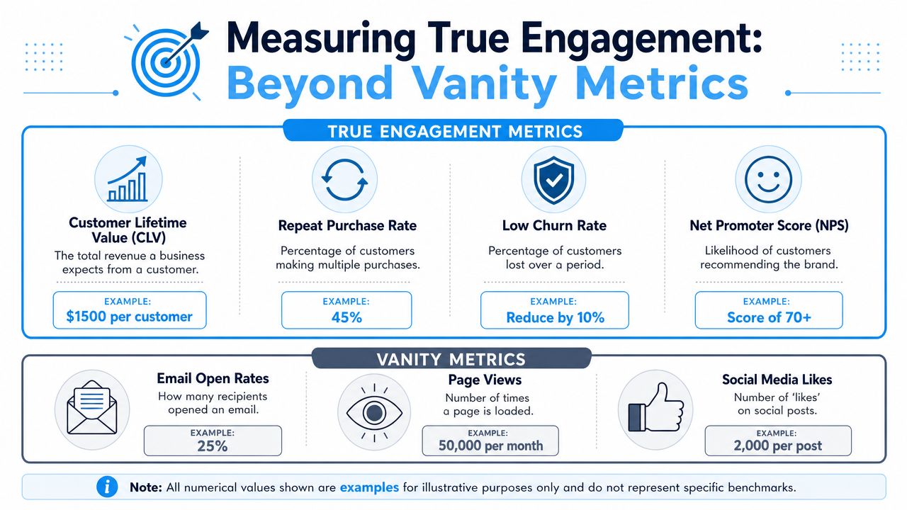 An infographic comparing true engagement metrics like CLV and NPS against vanity metrics like page views.
