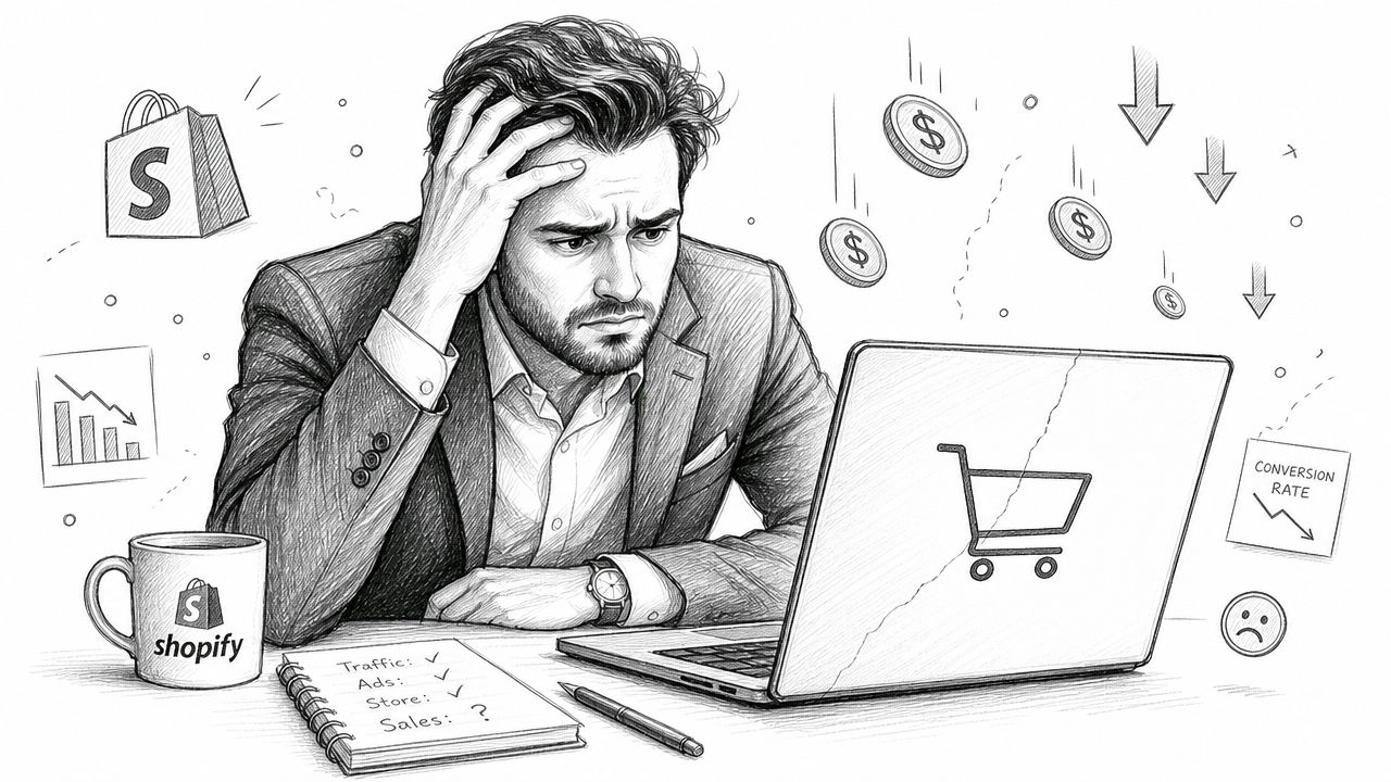 A stressed businessman looking at his laptop, symbolizing poor e-commerce performance and falling conversion rates.