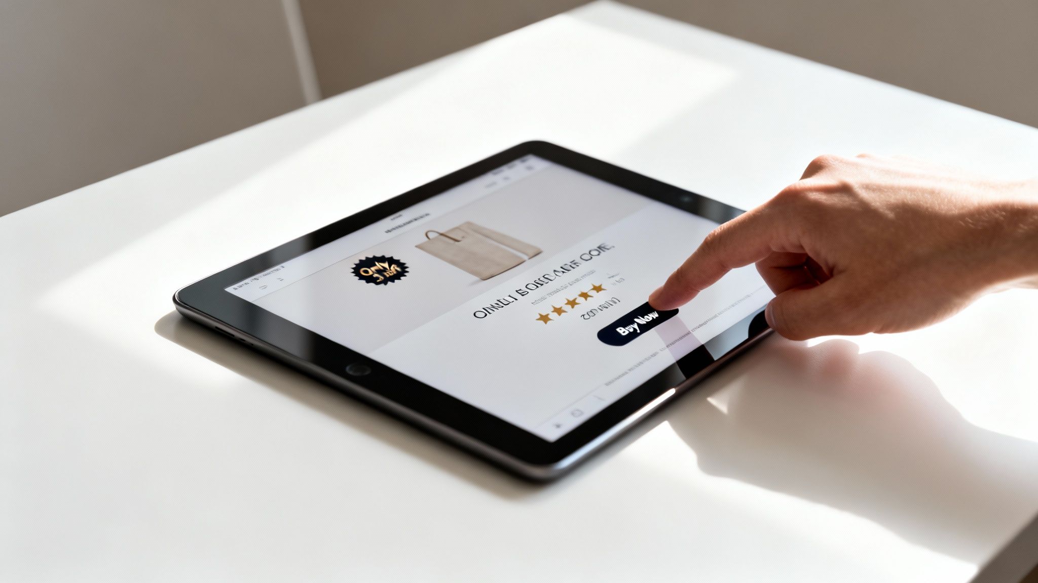 A hand taps a 'Buy Now' button on a tablet displaying an online shopping page.