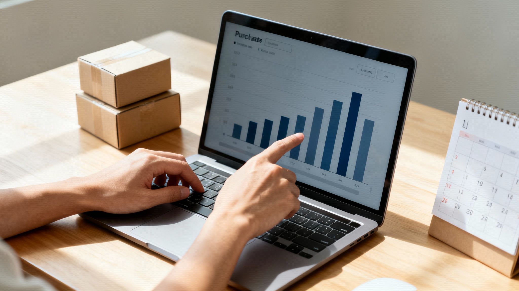Close-up of hands on a laptop, analyzing sales data with shipping boxes and a calendar.
