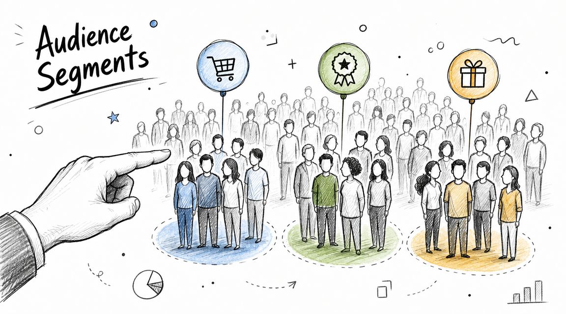 A hand points towards diverse audience segments represented by illustrated groups of people with shopping icons