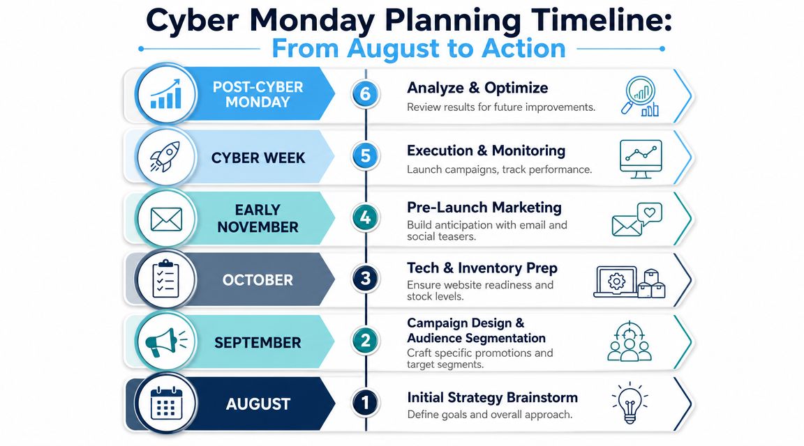 A six-step infographic timeline detailing the essential marketing and planning stages for a successful Cyber Monday campaign.