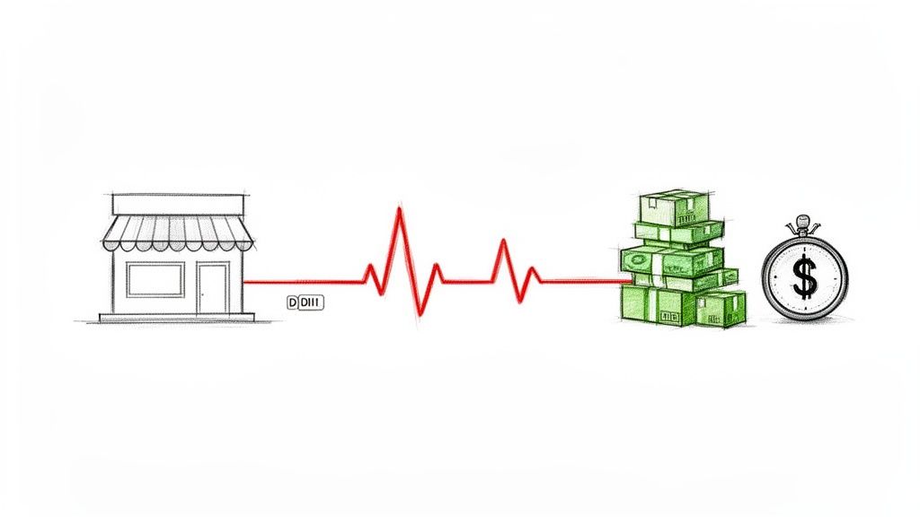 A sketch illustrating a store, a heartbeat line, product boxes, and a stopwatch with a dollar sign.