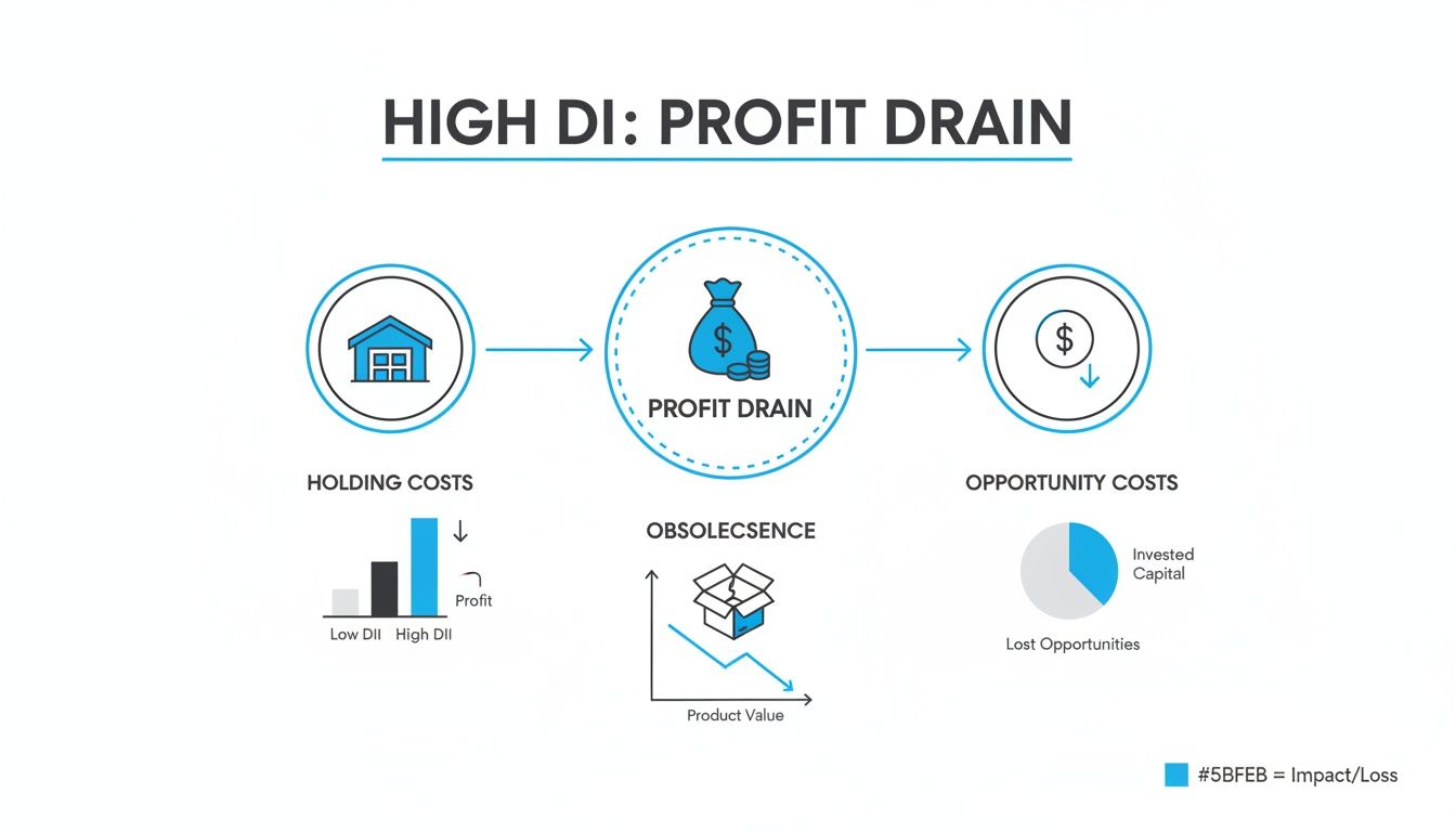 Infographic detailing how high days in inventory cause profit drain through holding costs, obsolescence, and lost opportunities.