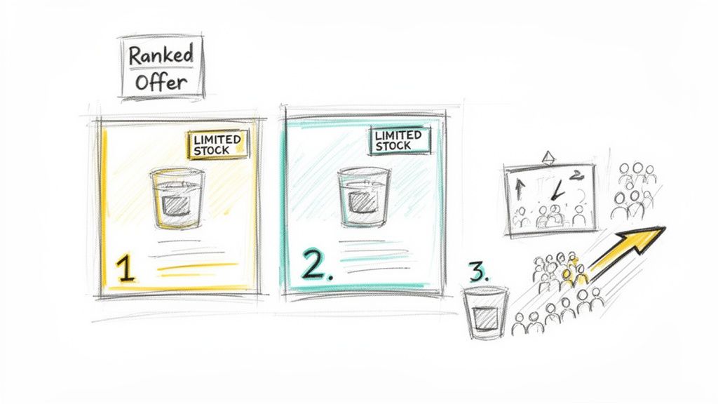 Sketch of ranked offers featuring limited stock items and increasing customer demand.
