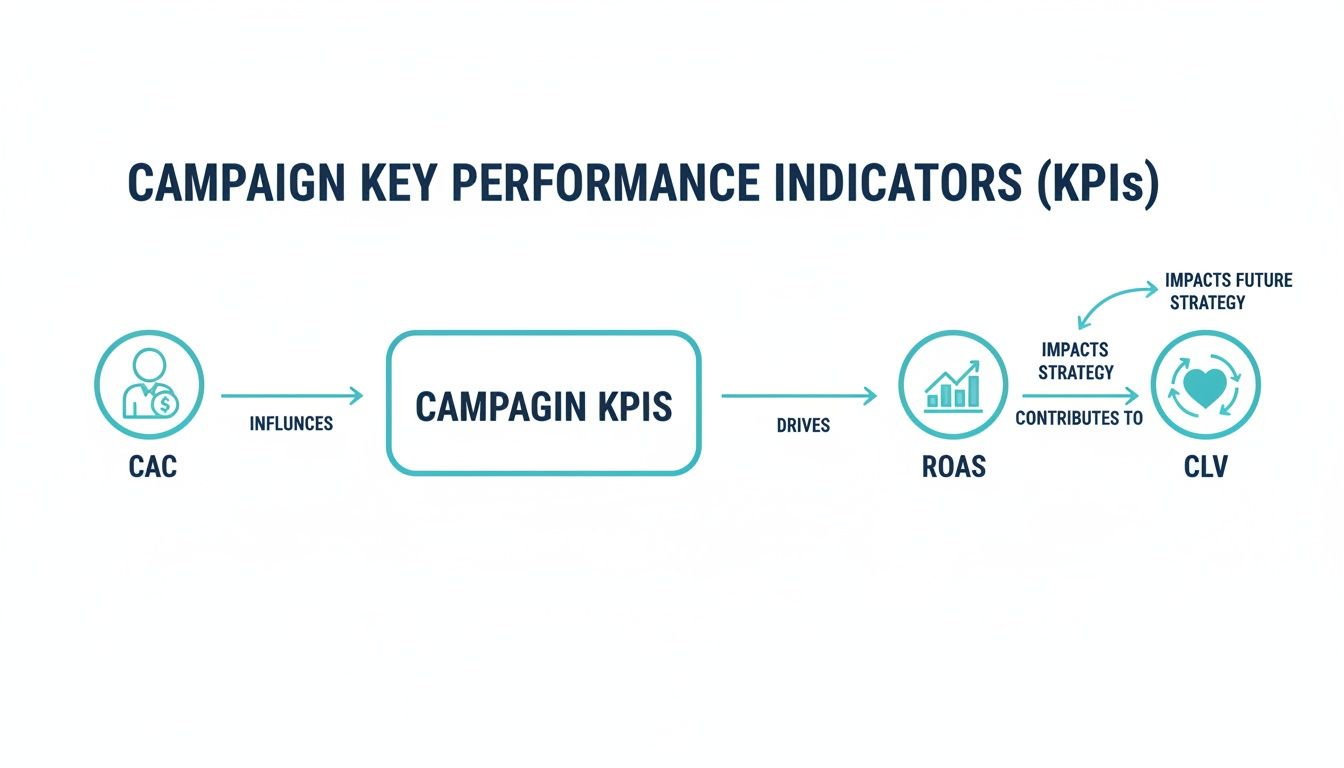 Flowchart illustrating campaign key performance indicators (KPIs) and their relationships.