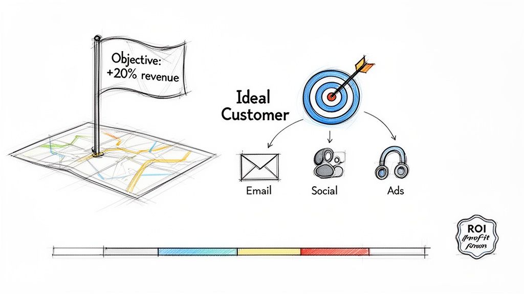 A marketing campaign strategy diagram showing revenue objective, ideal customer targeting, and channels like email, social, ads.