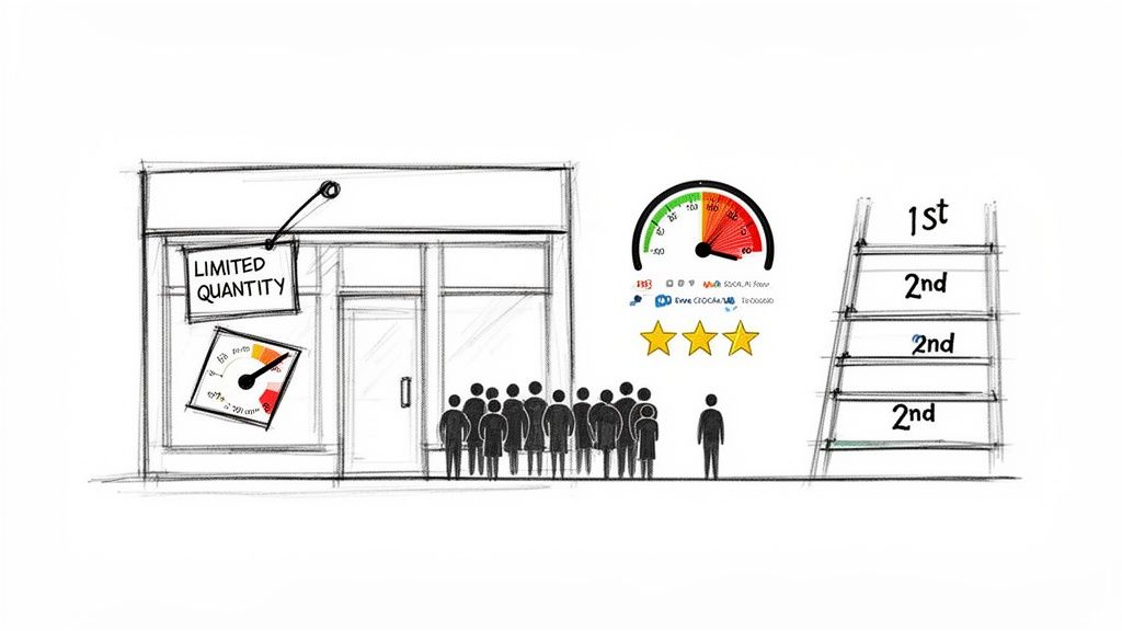 A sketch of a store with a 'limited quantity' sign, a long line of customers, and a meter showing high demand.