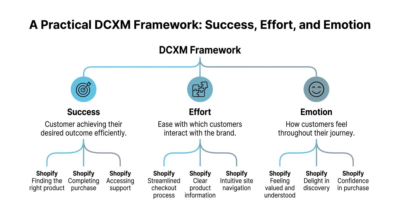 A diagram illustrating the DCXM framework, detailing Success, Effort, and Emotion as core pillars for customer experience.