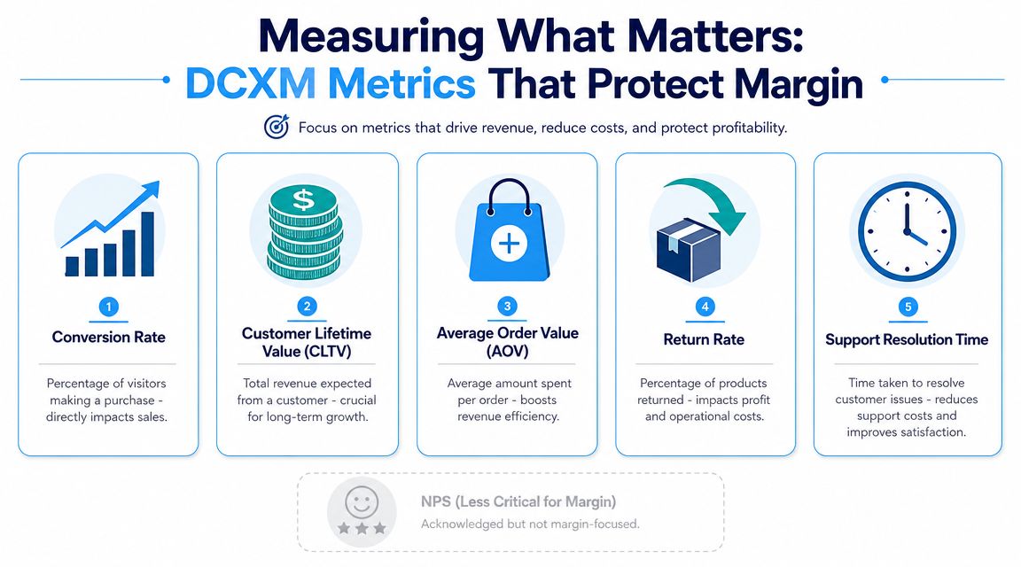An infographic titled Measuring What Matters showing five essential metrics for digital customer experience management and margin protection.