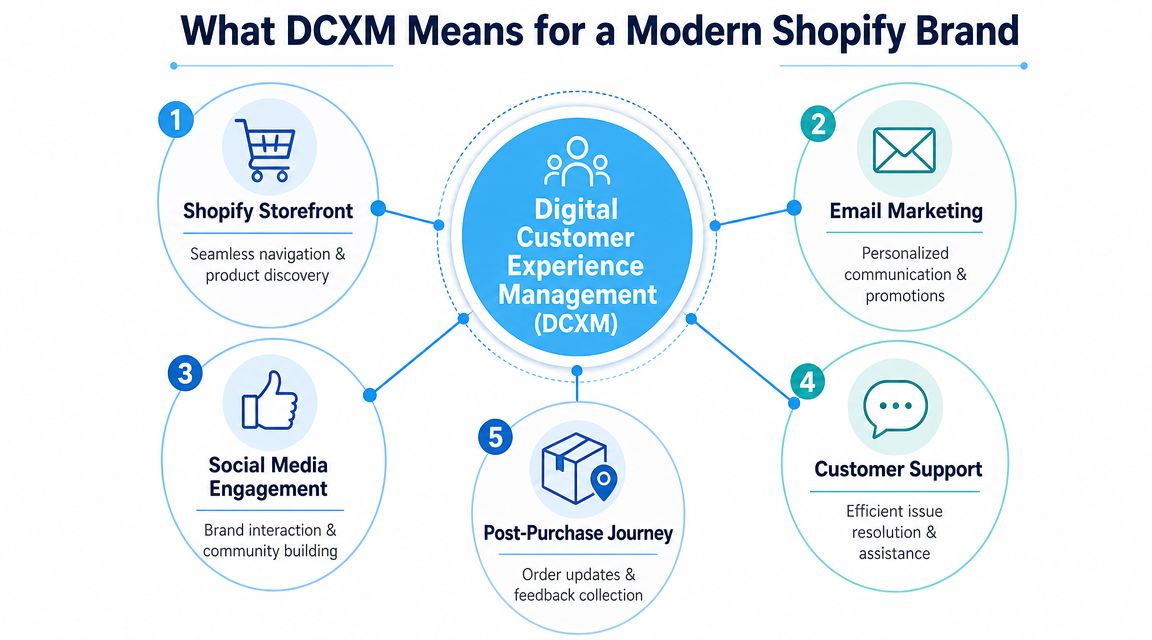 A diagram illustrating Digital Customer Experience Management for Shopify brands across five key business areas.