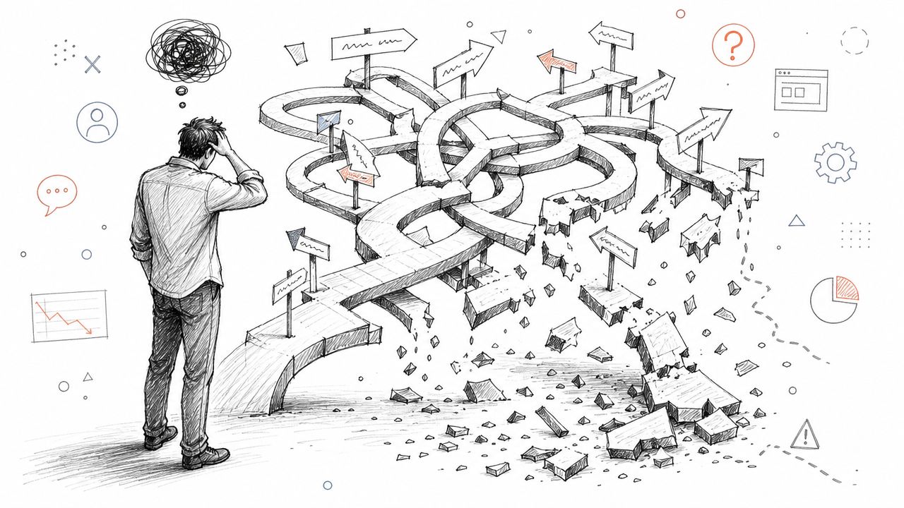 A man stands before a complex, broken path with signposts, symbolizing confusion and difficult decision-making processes.