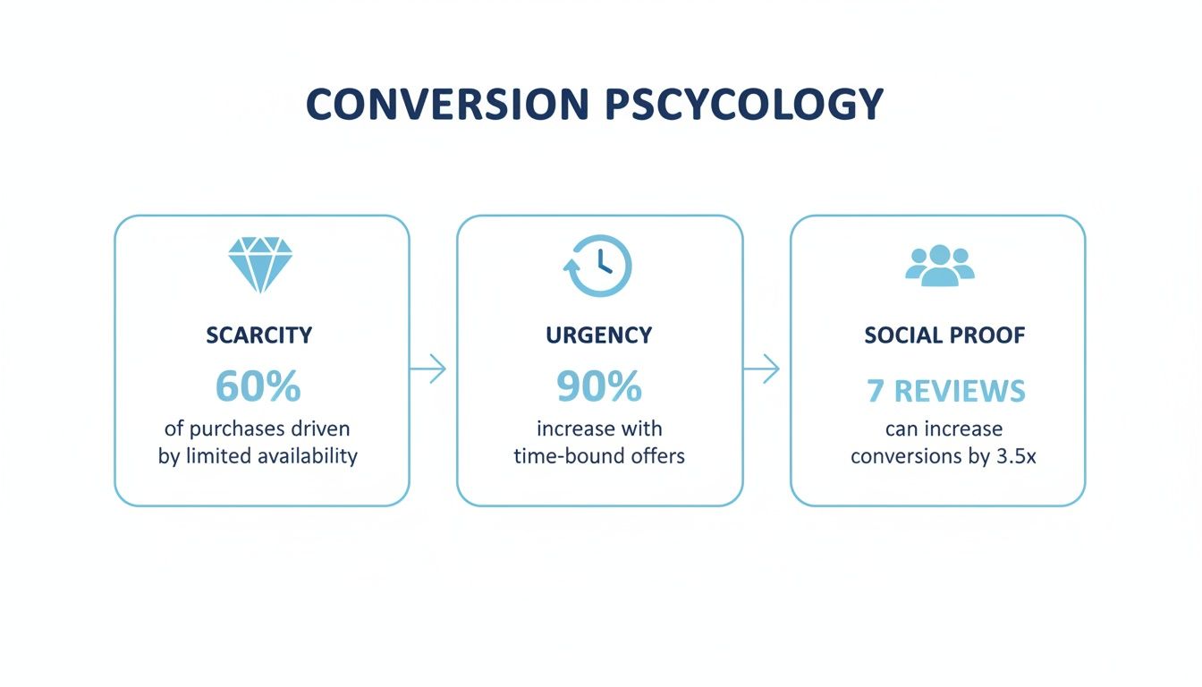 Infographic showing three conversion psychology principles: Scarcity, Urgency, and Social Proof with statistics.
