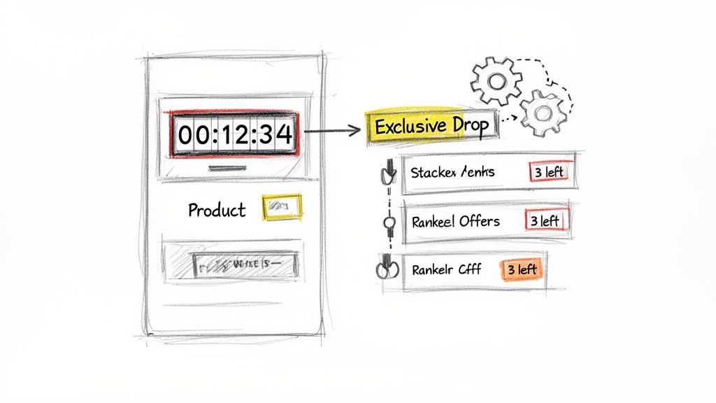Sketch of a mobile app showing a countdown timer and an exclusive product drop with limited items remaining.