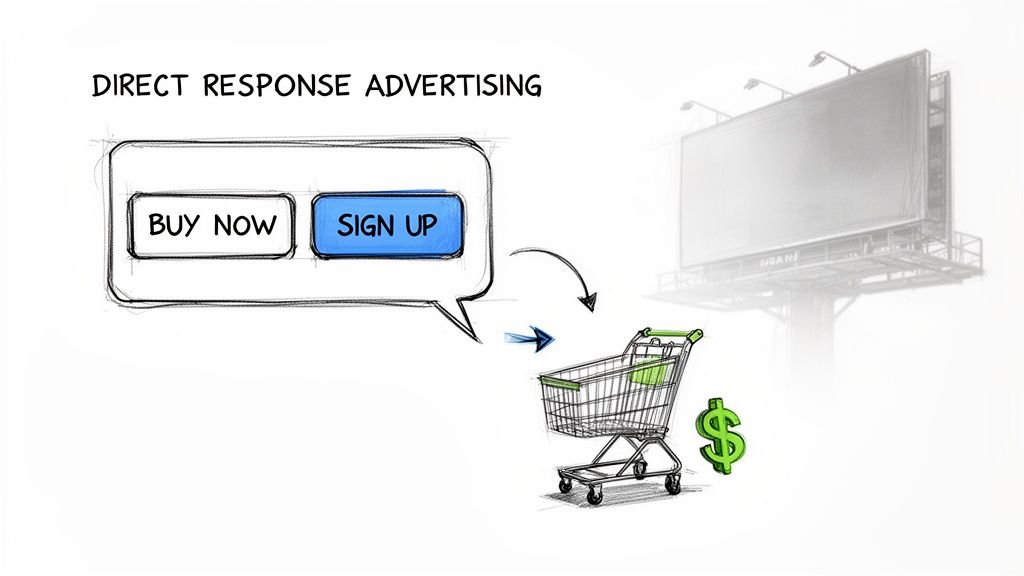 Illustration showing direct response advertising with 'Buy Now' and 'Sign Up' buttons leading to a shopping cart and dollar sign.