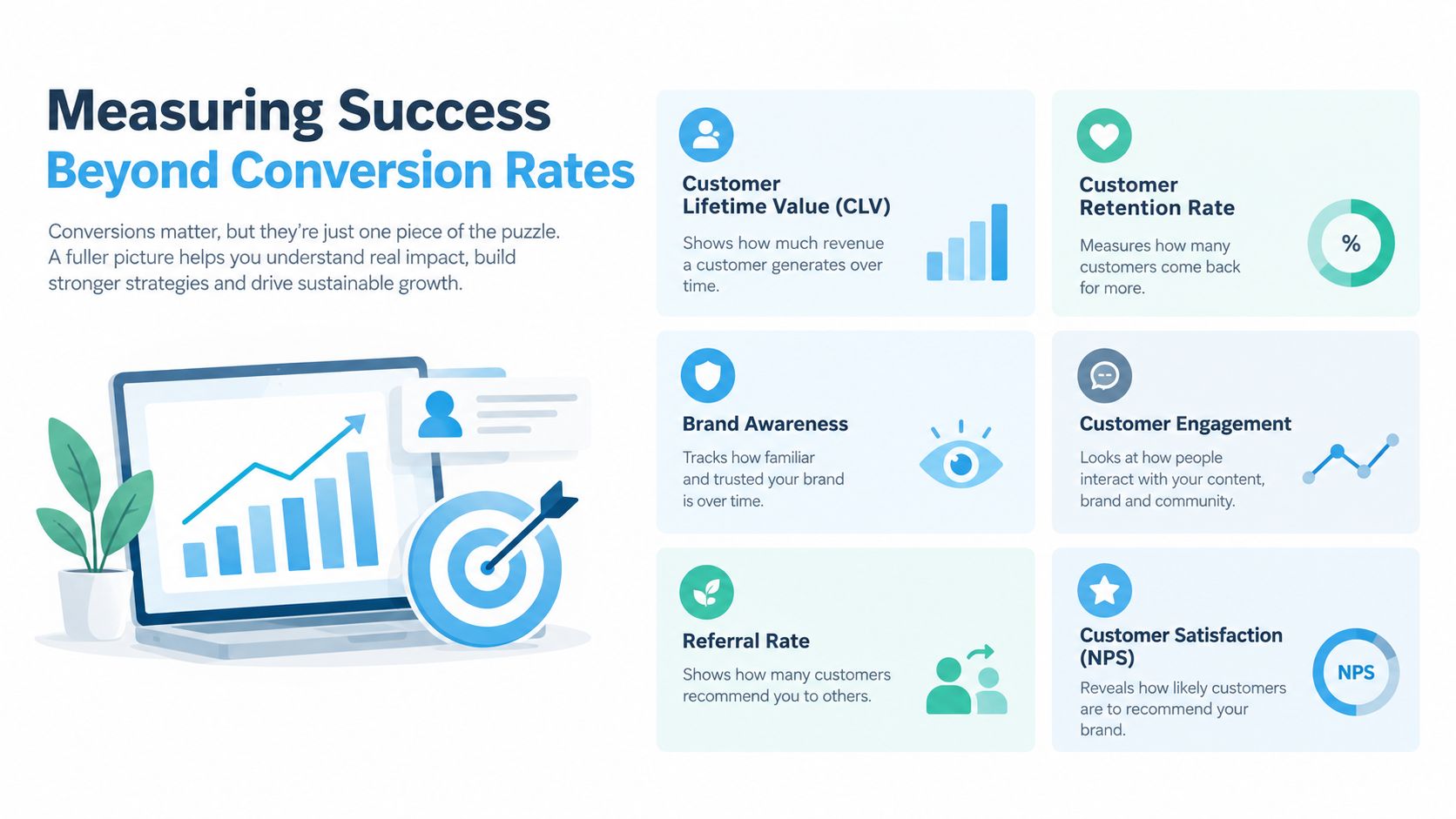 An infographic titled Measuring Success Beyond Conversion Rates, outlining key business metrics including customer lifetime value and retention.