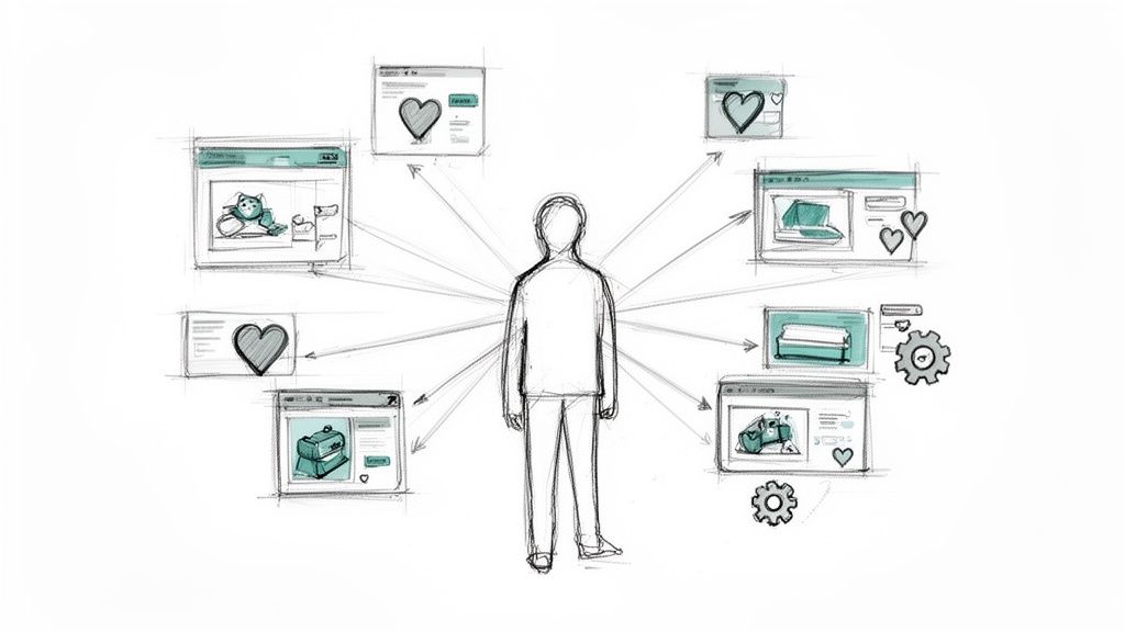 Sketch of a user interacting with various e-commerce websites, displaying preferences and personalized content.