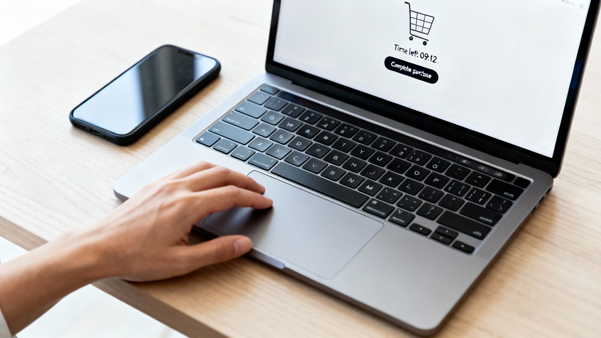 A hand tapping a smartphone screen displaying an e-commerce product page for a beige bag.