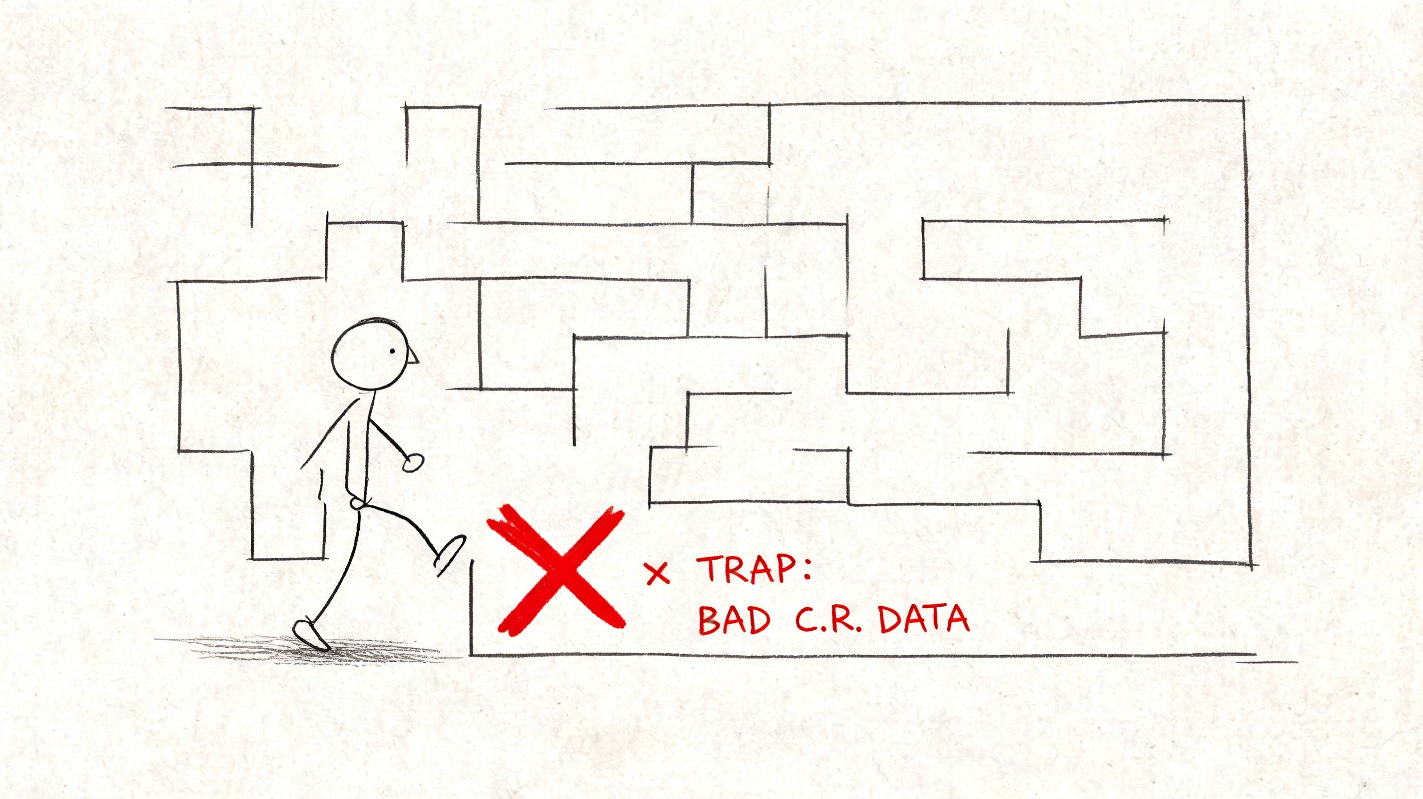 A hand-drawn stick figure walking towards a complex maze with a red X representing a data trap.