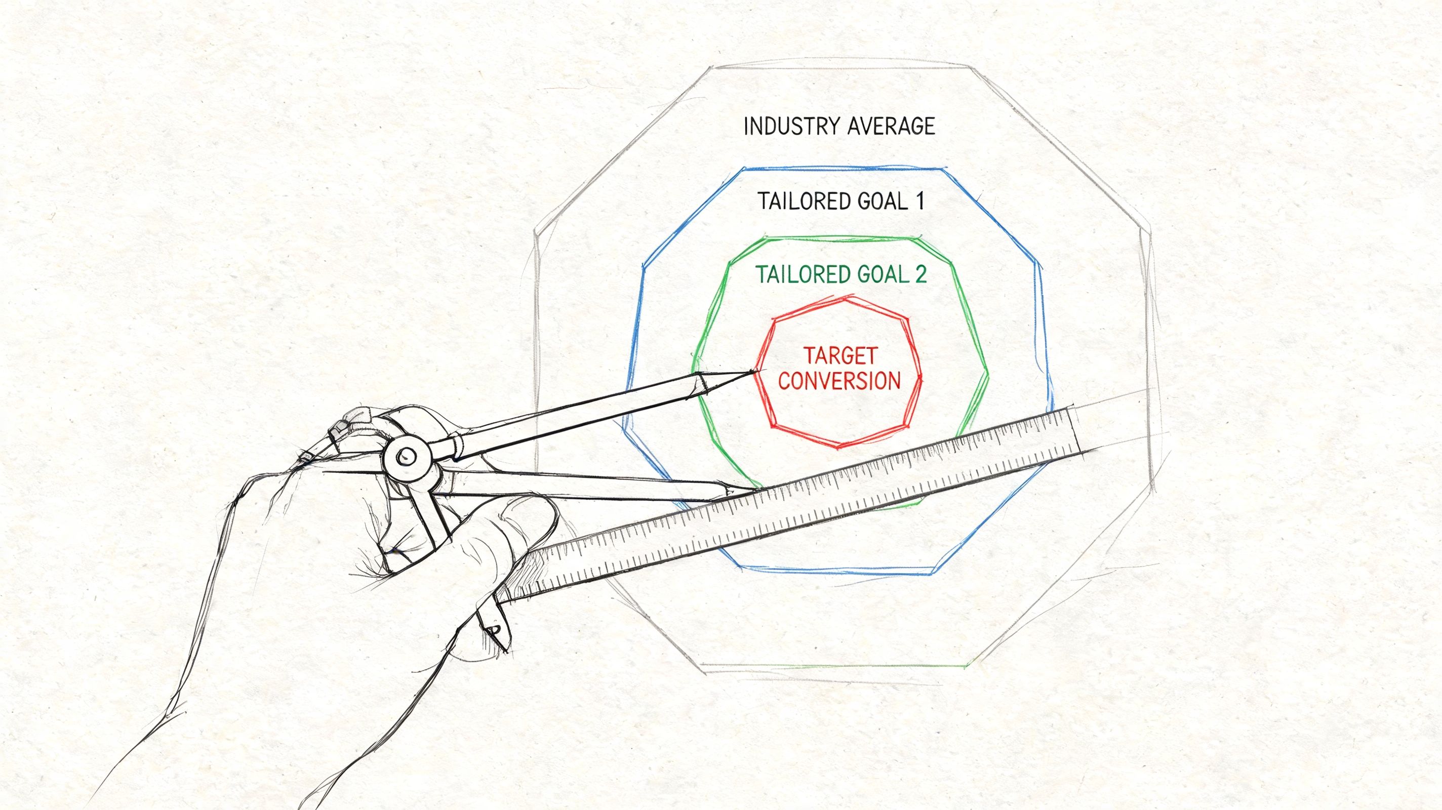 A hand drawing a target diagram illustrating ecommerce conversion rate goals ranging from industry averages to targets.