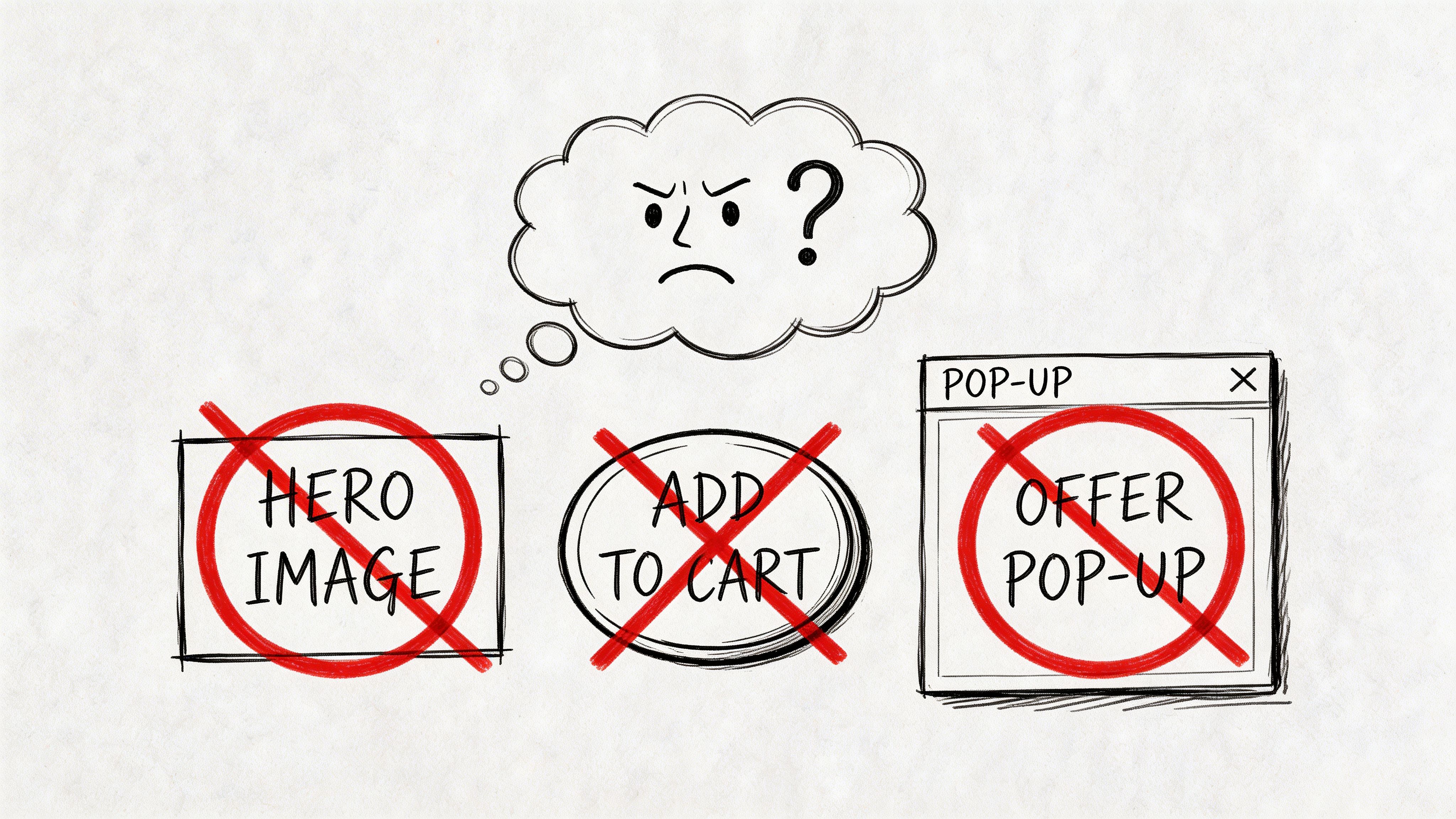 A hand-drawn illustration showing a frustrated person thinking about removing website elements like hero images and pop-ups.