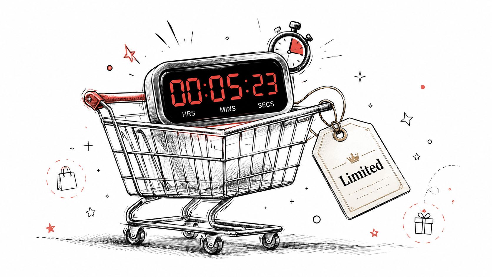 A shopping cart containing a digital timer counting down with a Limited tag attached.