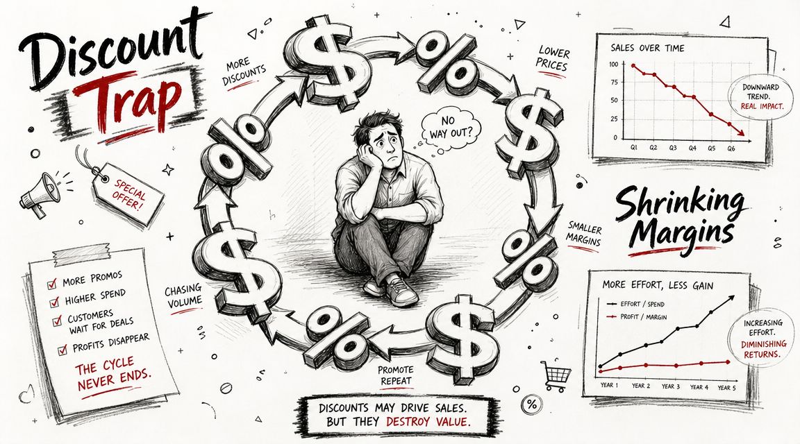 A hand-drawn illustration illustrating the discount trap in business, showing the cycle of shrinking margins and diminishing returns.