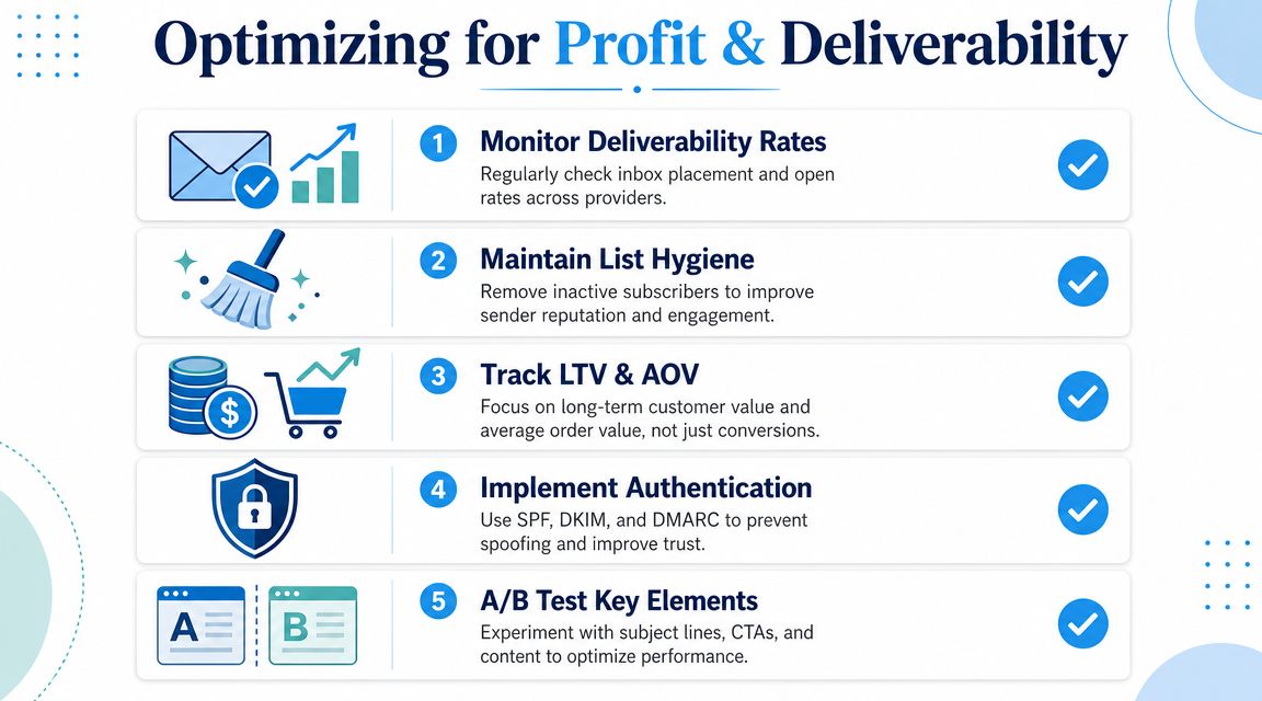 An infographic titled Optimizing for Profit and Deliverability featuring five steps for successful email marketing strategies.