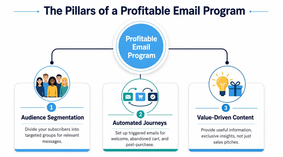 A diagram outlining the three main pillars for a profitable email marketing program: segmentation, automation, and content.