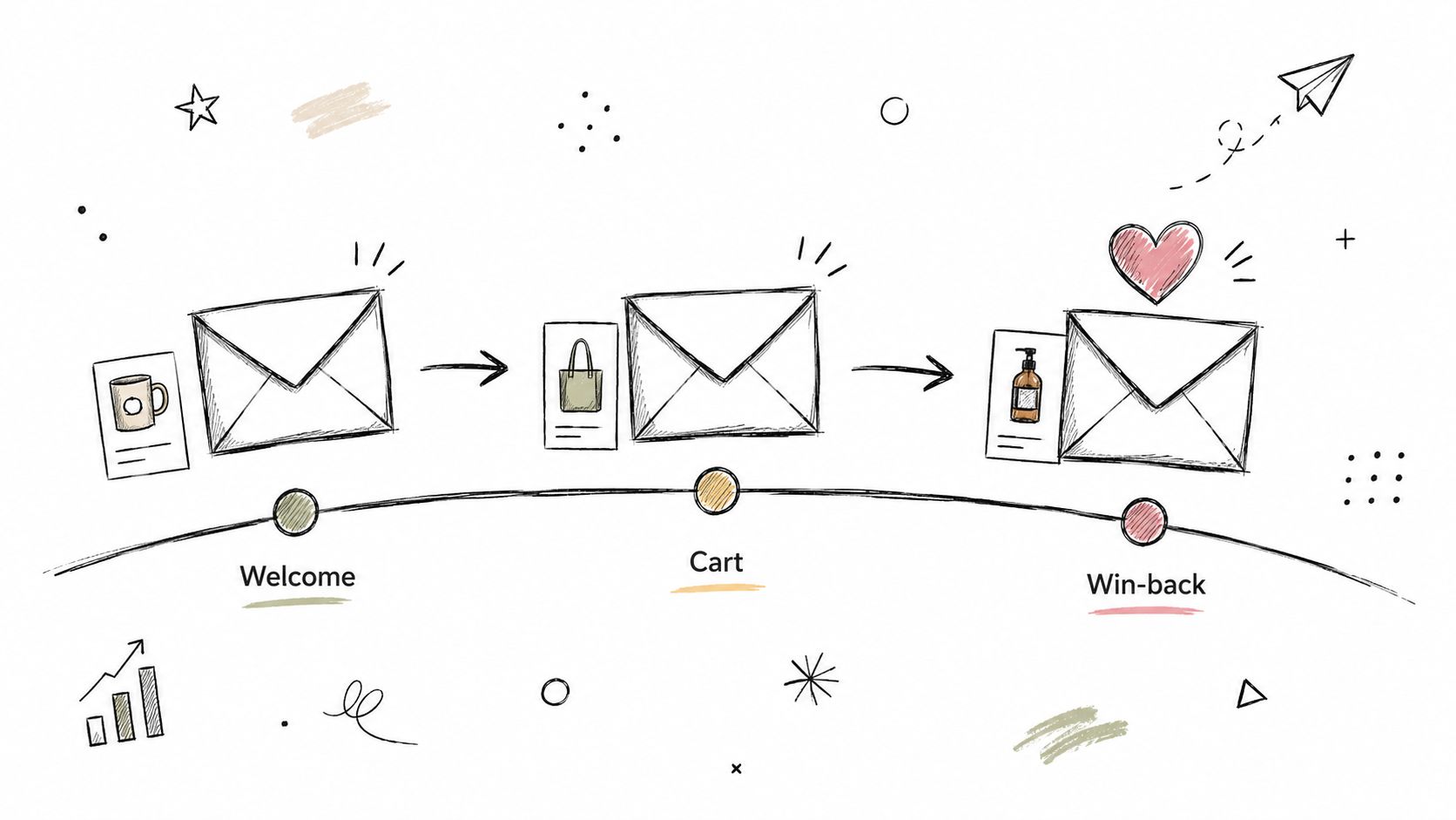 A conceptual illustration of email marketing stages labeled as Welcome, Cart, and Win-back with product icons.