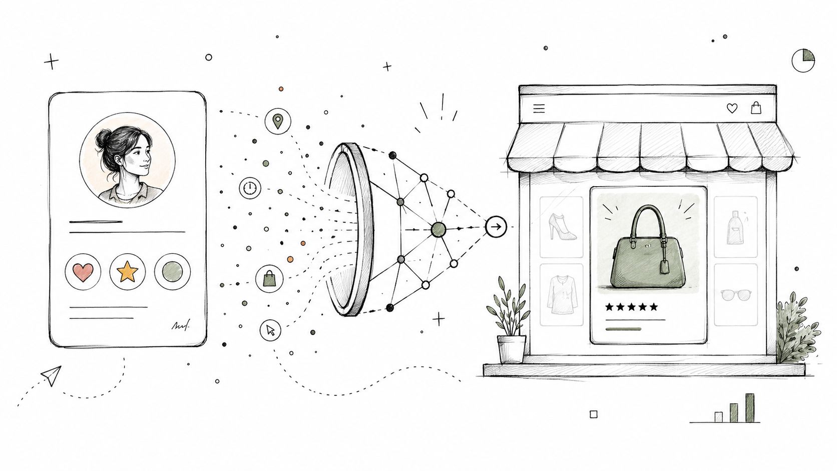 A hand-drawn illustration showing user data being processed by AI to improve online shopping experiences.