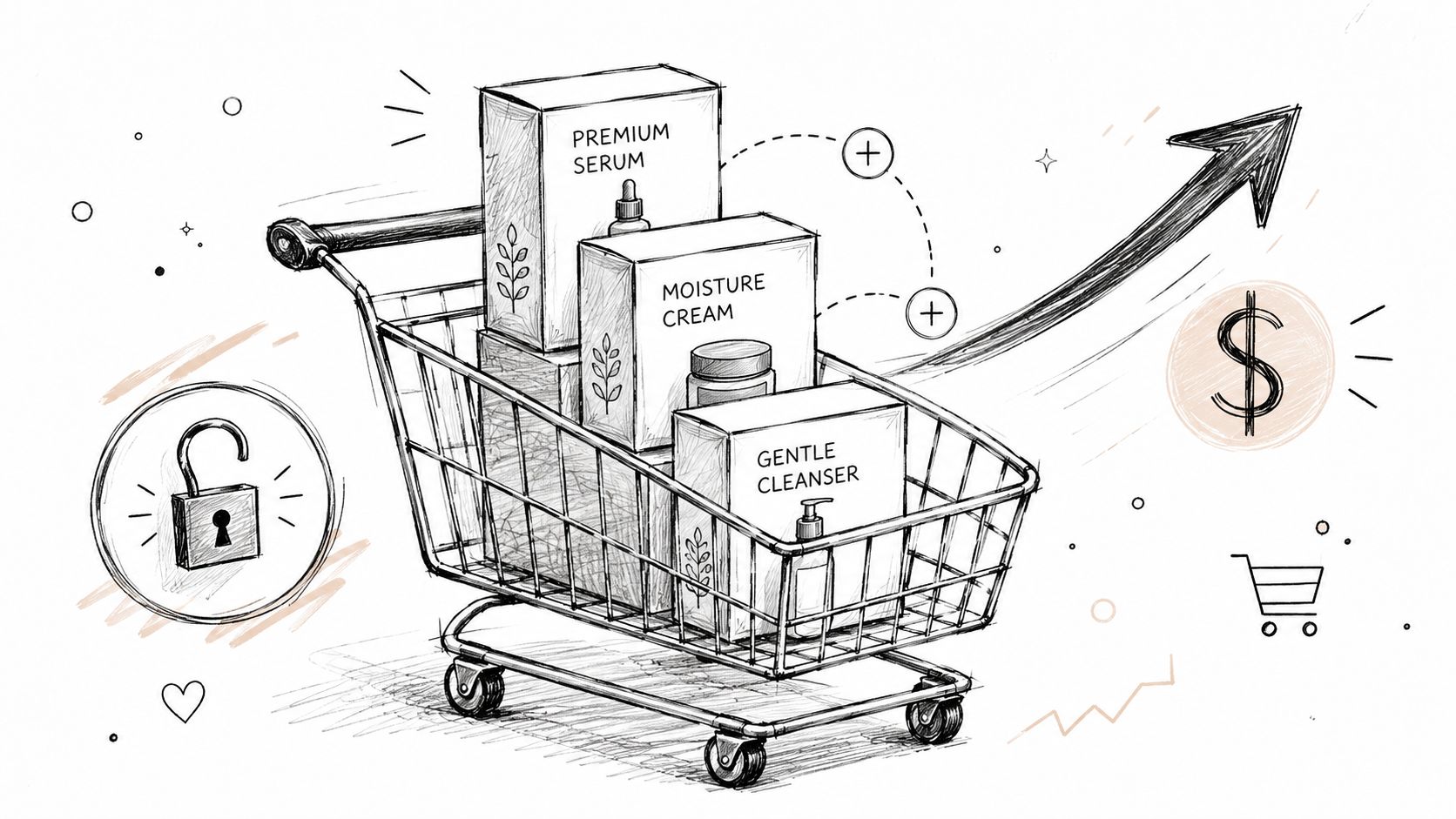 A hand-drawn illustration showing a shopping cart filled with skincare products under an upward growth arrow.
