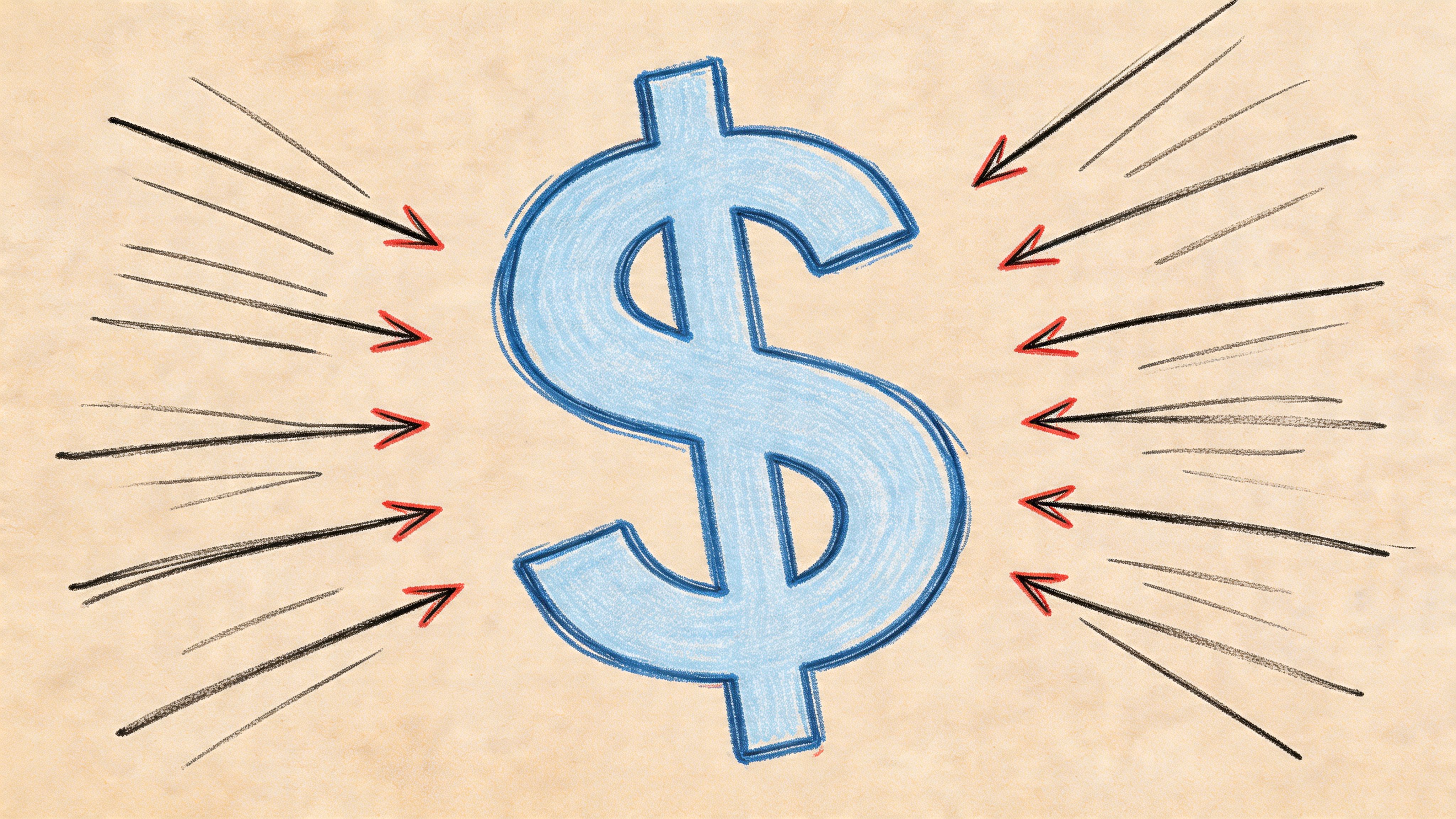 A large blue dollar symbol surrounded by inward-pointing red arrows representing financial focus or concentrated capital.