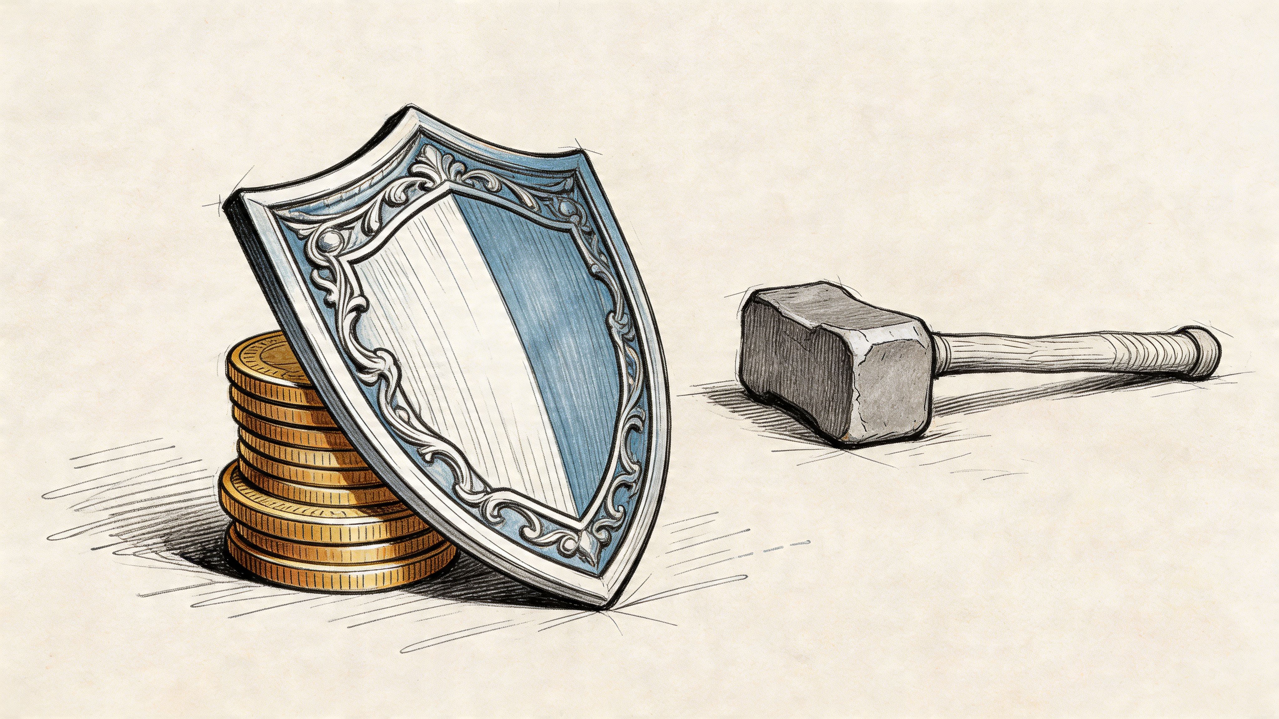 A conceptual illustration showing a decorative shield protecting a stack of gold coins against a heavy mallet.