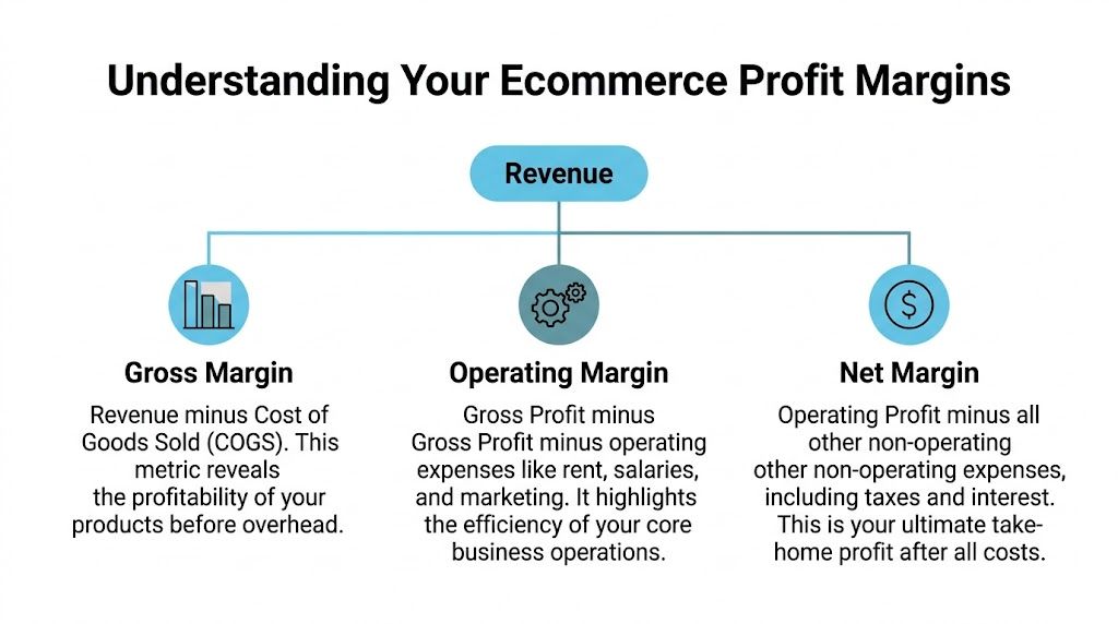 A diagram explaining ecommerce profit margins, breaking down revenue into gross, operating, and net margins.