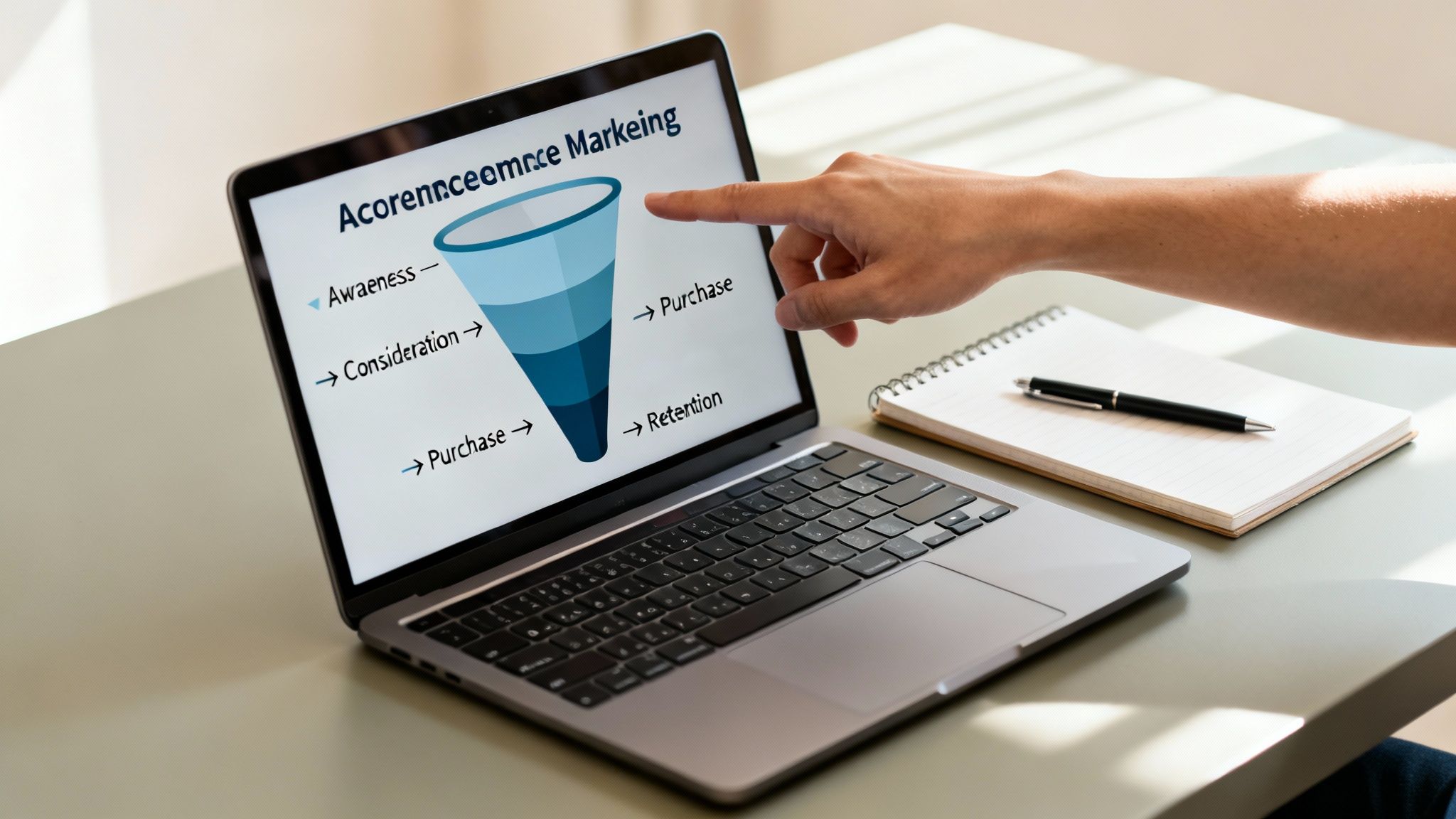 Hand pointing at a laptop displaying an e-commerce marketing funnel with stages like awareness, consideration, purchase, and retention.