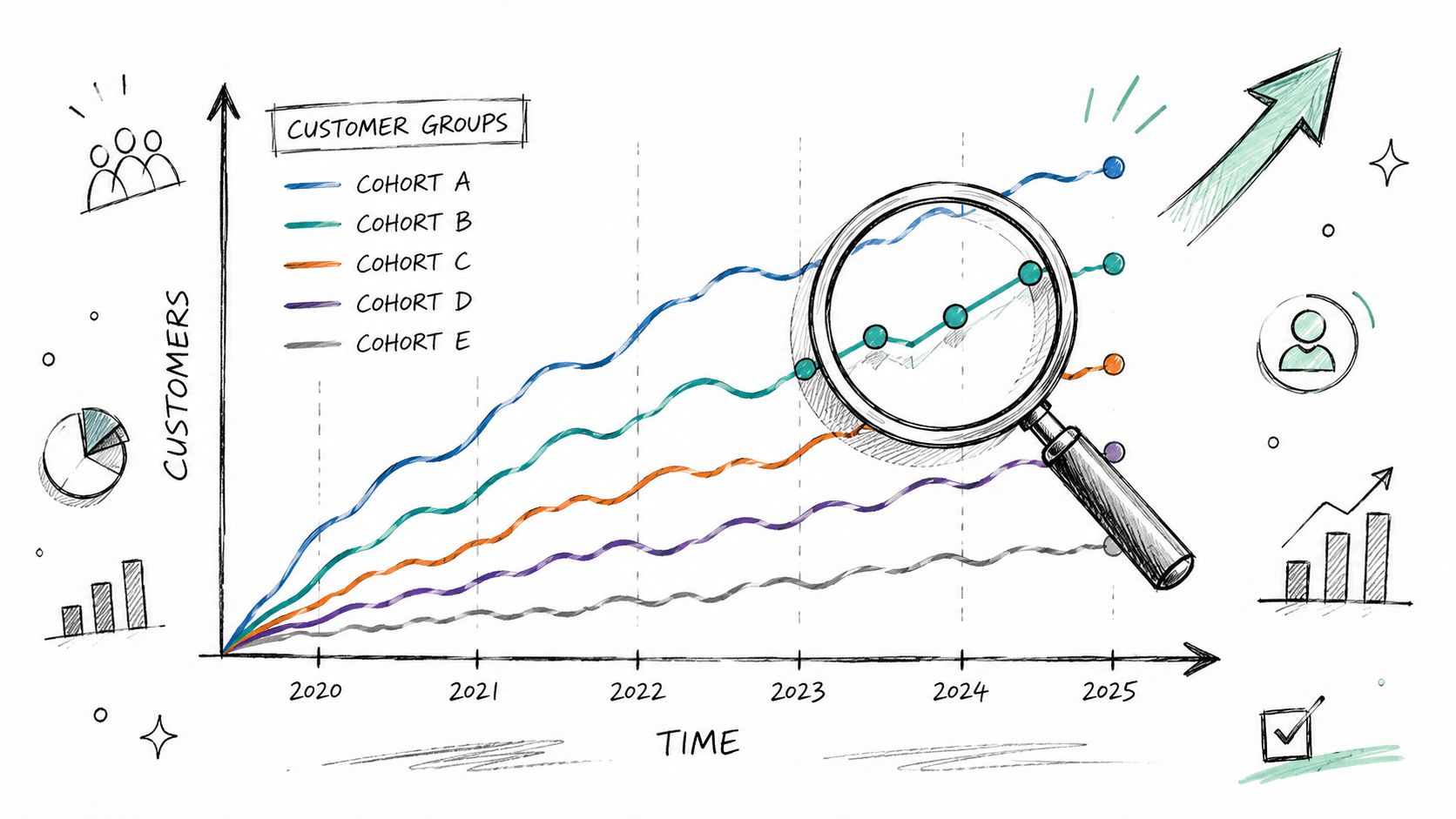 A hand-drawn illustration showing growth curves of five different customer cohorts over time with a magnifying glass.