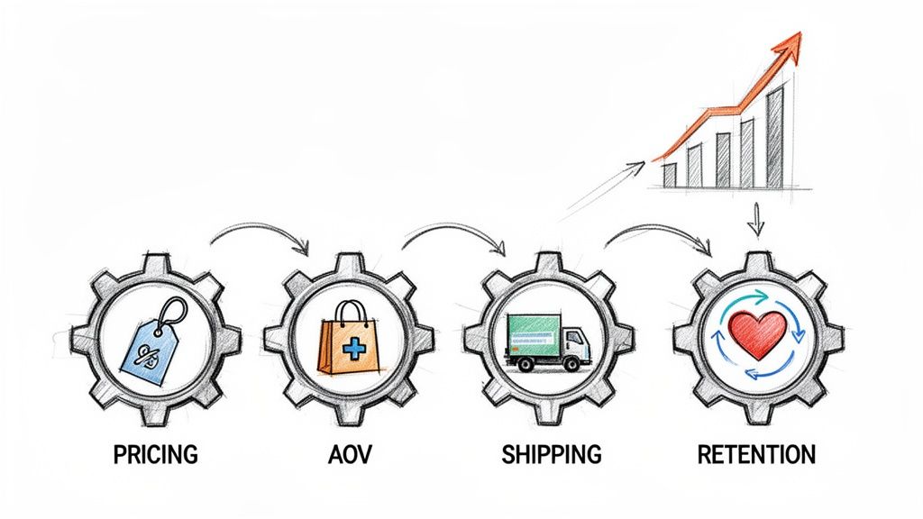 Four gears depicting pricing, AOV, shipping, and retention, driving a rising bar graph of profit.